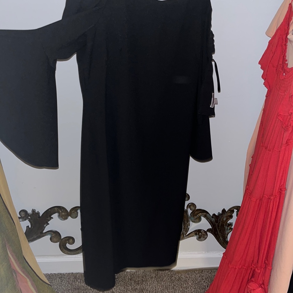 Black off the should cocktail dress with flowy sleeves